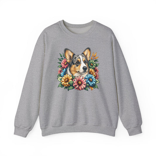 Cardigan Welsh Corgi Blue Merle Flowers Crewneck Sweatshirt