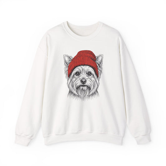 Yorkshire Terrier Beanie Crewneck Sweatshirt White