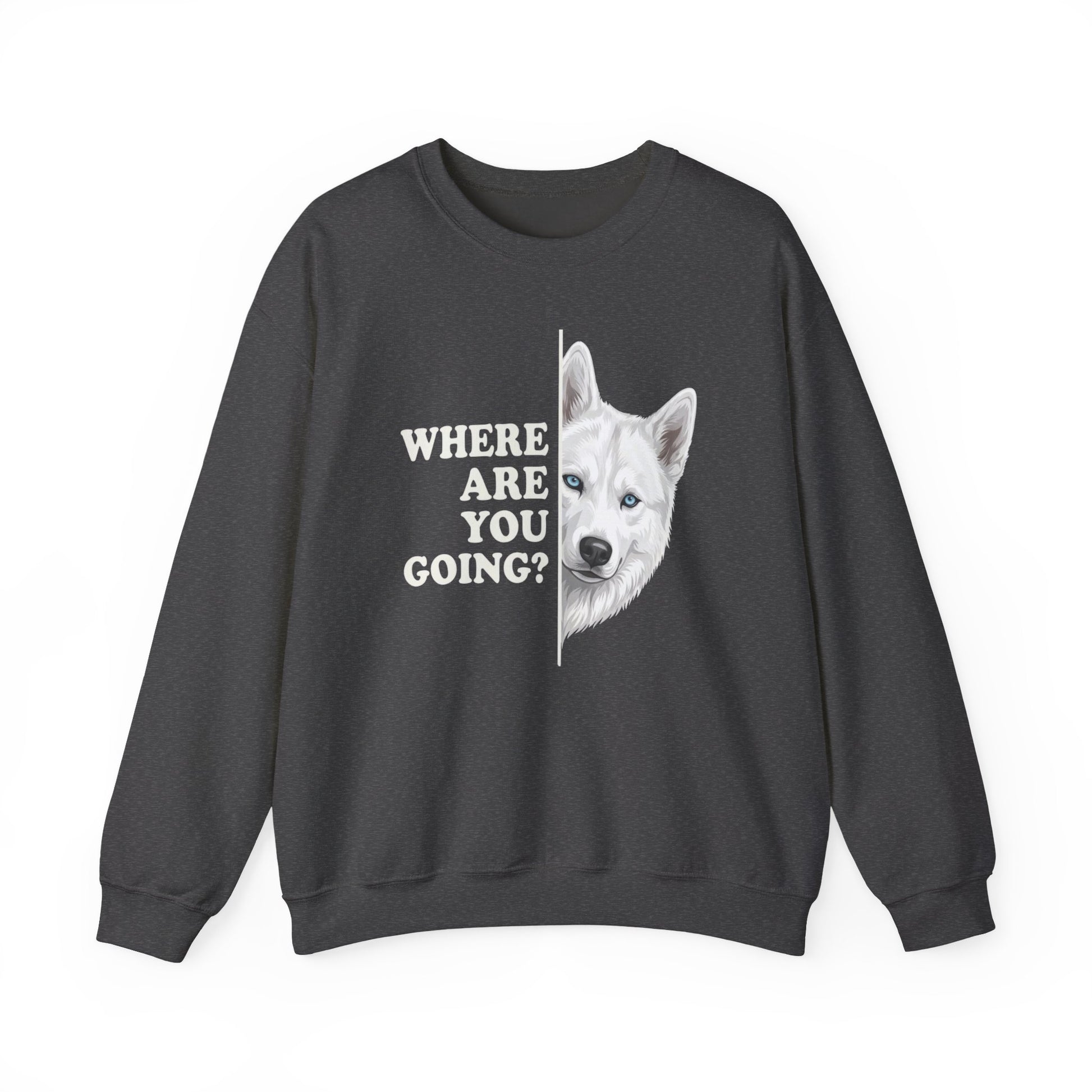 White Husky Alert Crewneck Sweatshirt Dark Heather
