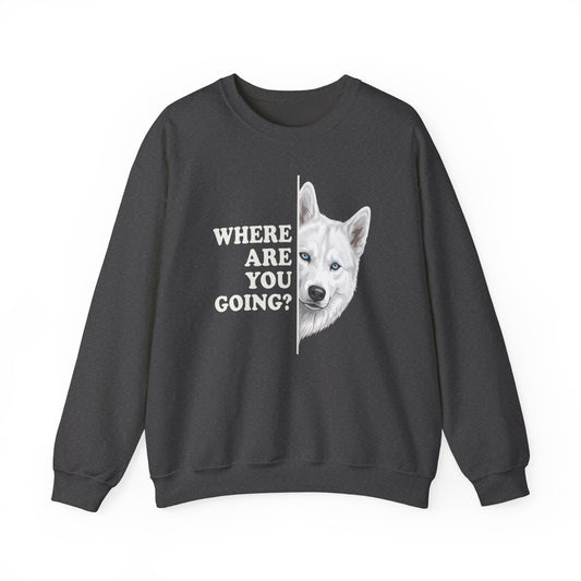 White Husky Alert Crewneck Sweatshirt Dark Heather