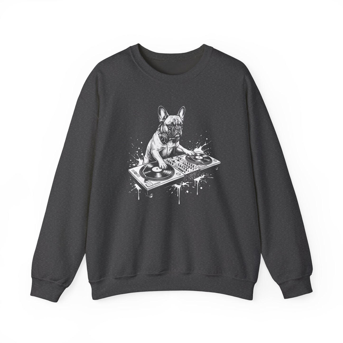 French Bulldog DJ Crewneck Sweatshirt Dark Heather