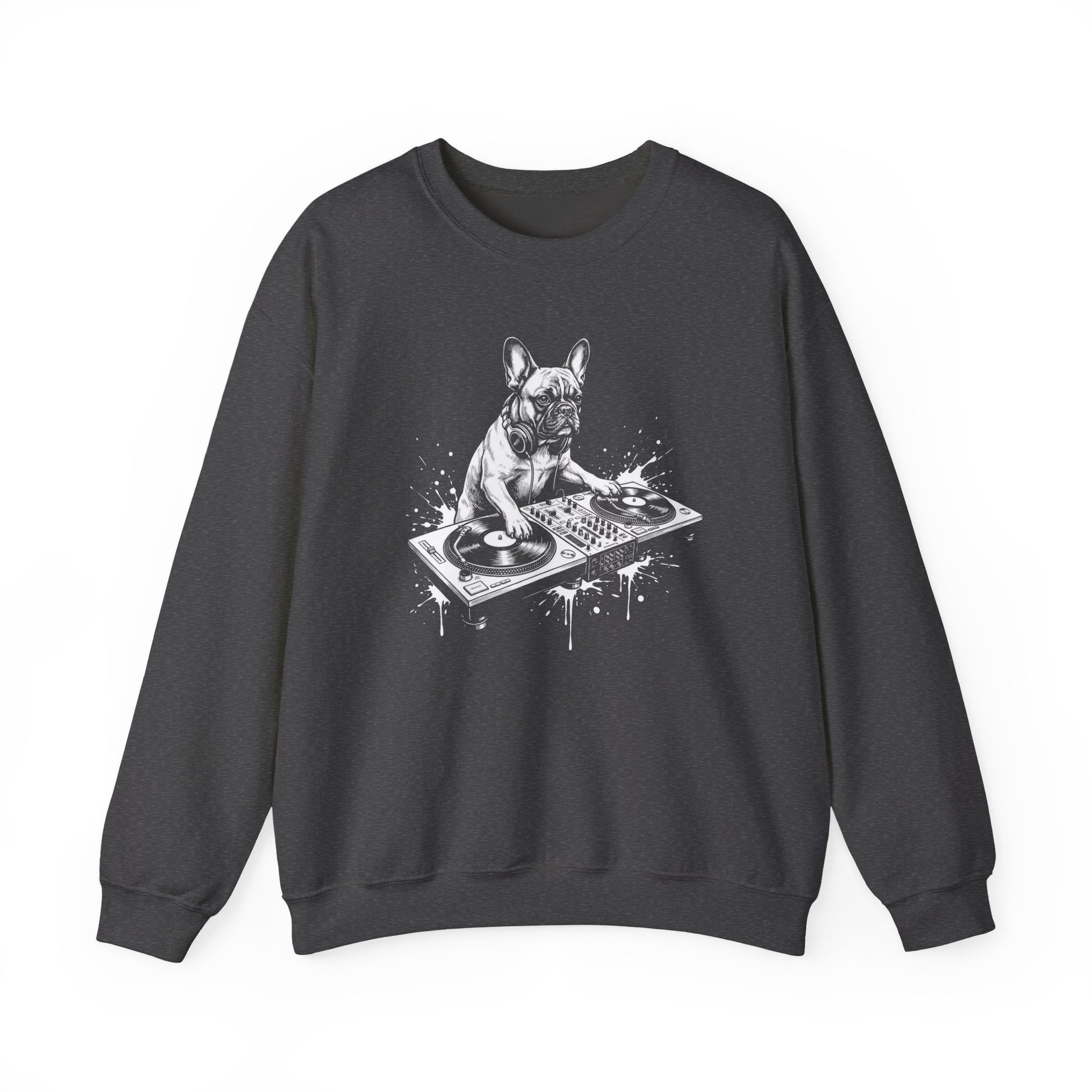 French Bulldog DJ Crewneck Sweatshirt Dark Heather