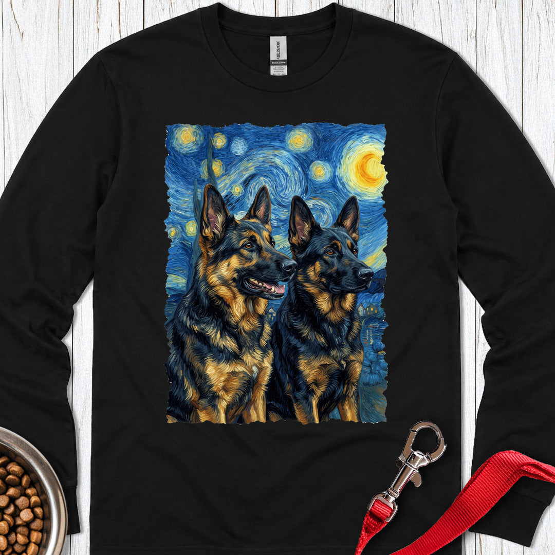 2 German Shepherds Van Gogh Long Sleeve — Black