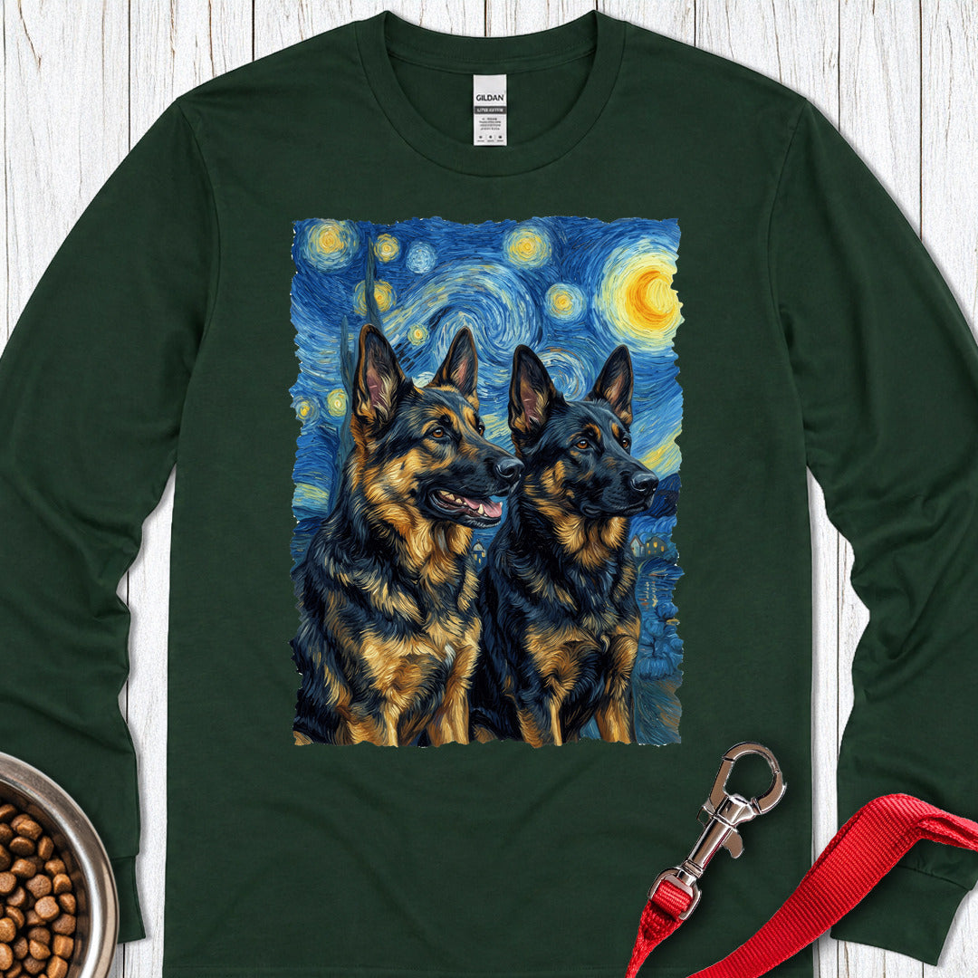 2 German Shepherds Van Gogh Long Sleeve — Forest Green