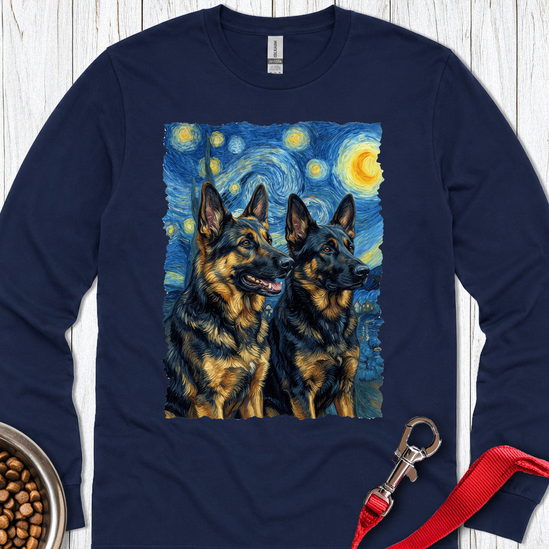2 German Shepherds Van Gogh Long Sleeve — Navy
