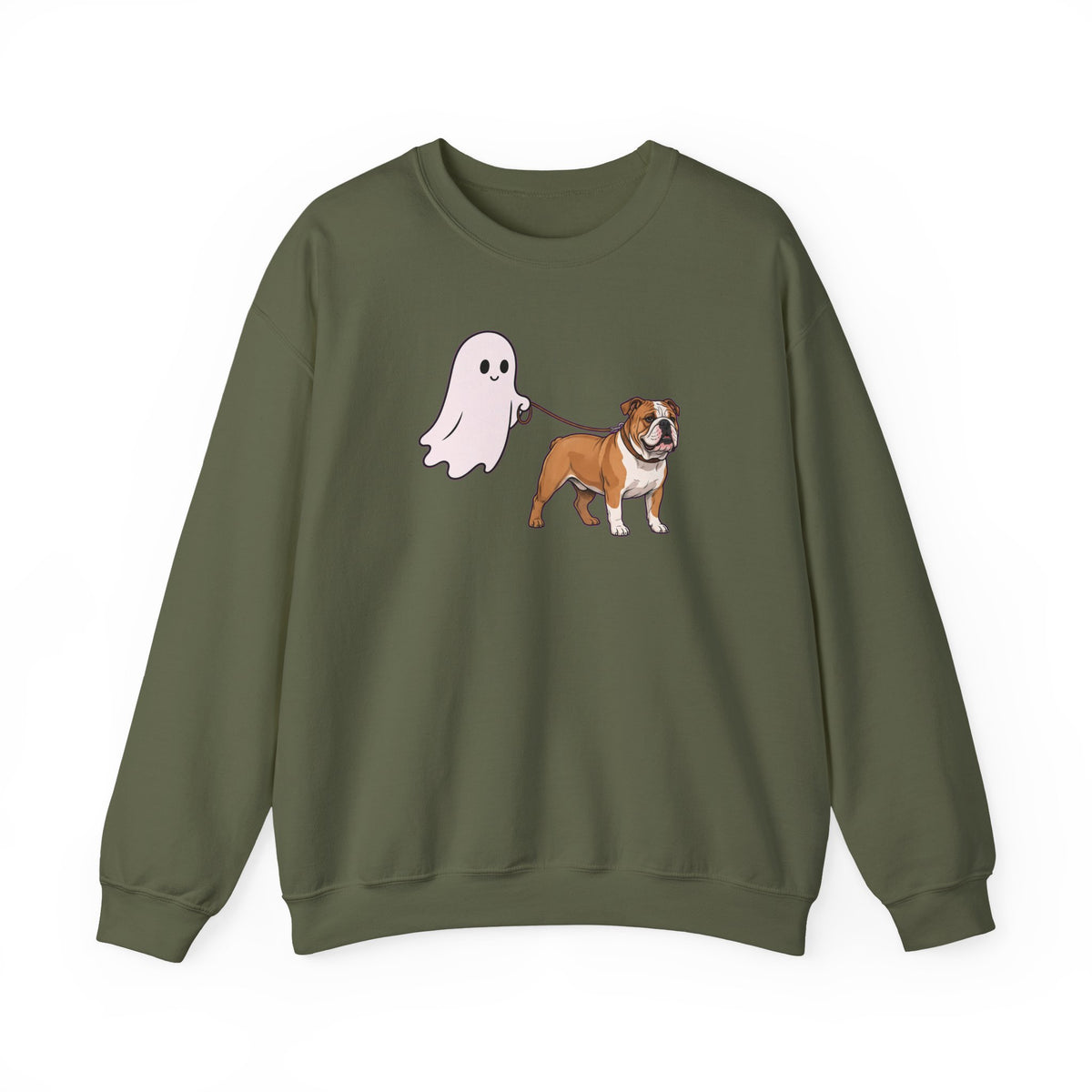 English Bulldog Ghost Walk Crewneck Sweatshirt Military Green