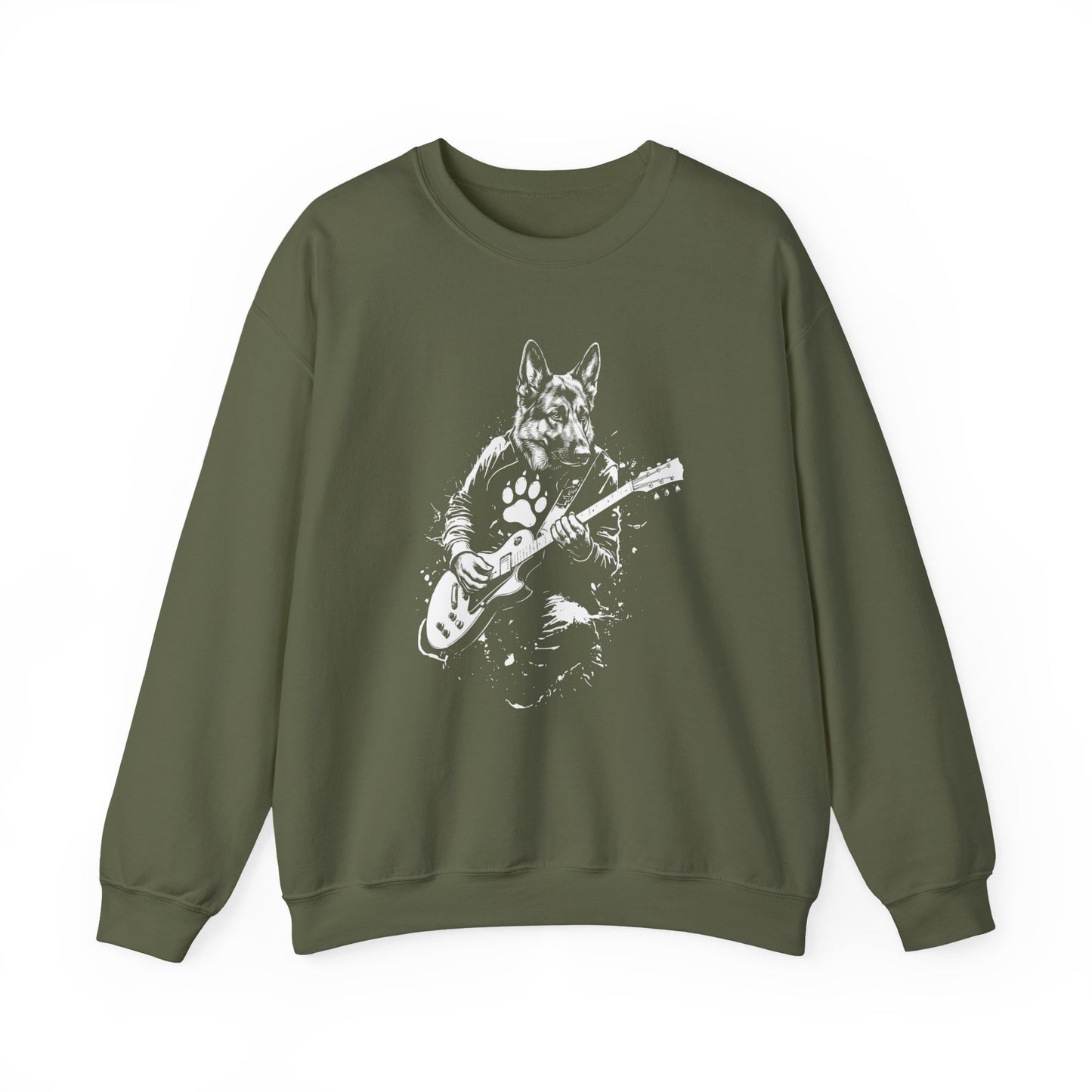 German Shepherd Guitar Crewneck Sweatshirt Military Green