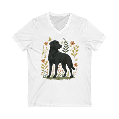 Black Labrador Flower V-Neck White