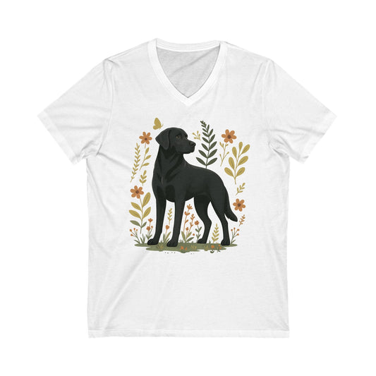 Black Labrador Flower V-Neck White