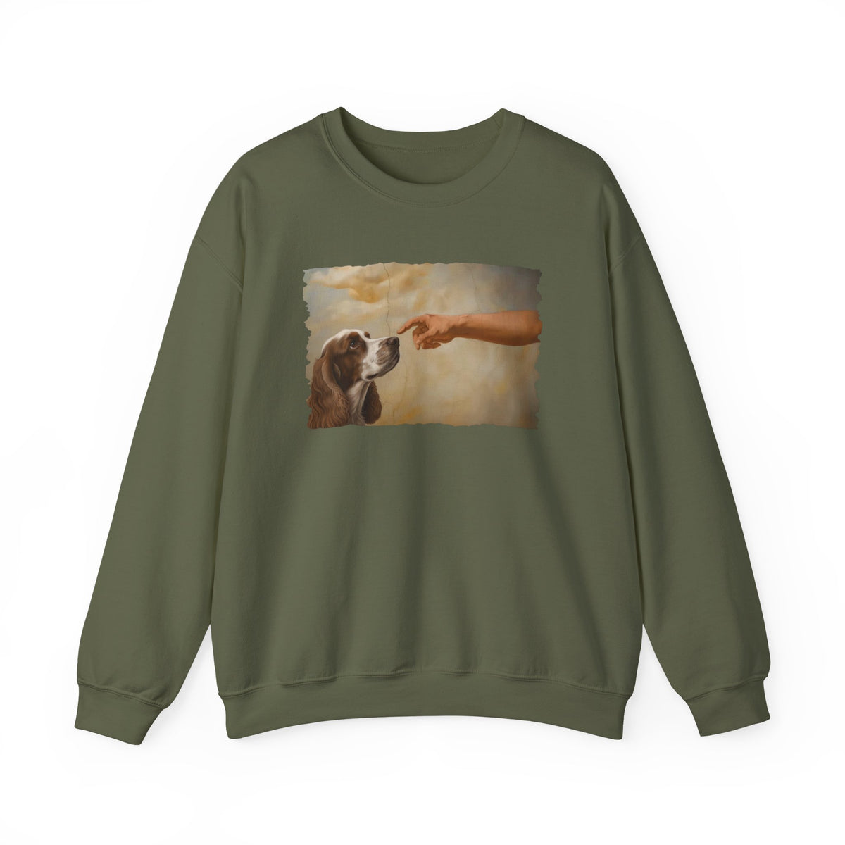 God Creates Orange White Cocker Spaniel Crewneck Sweatshirt Military Green