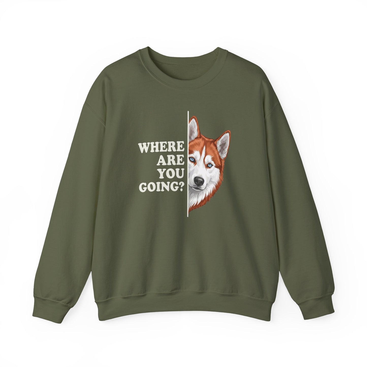 Red and White Husky Alert Crewneck Sweatshirt Military Green