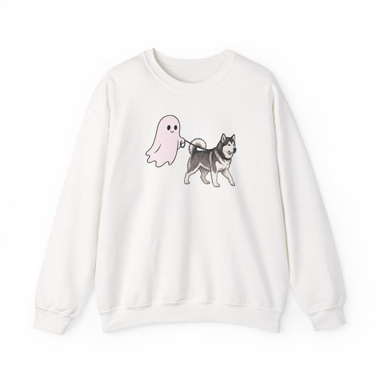 Alaskan Malamute Ghost Walk Crewneck Sweatshirt White