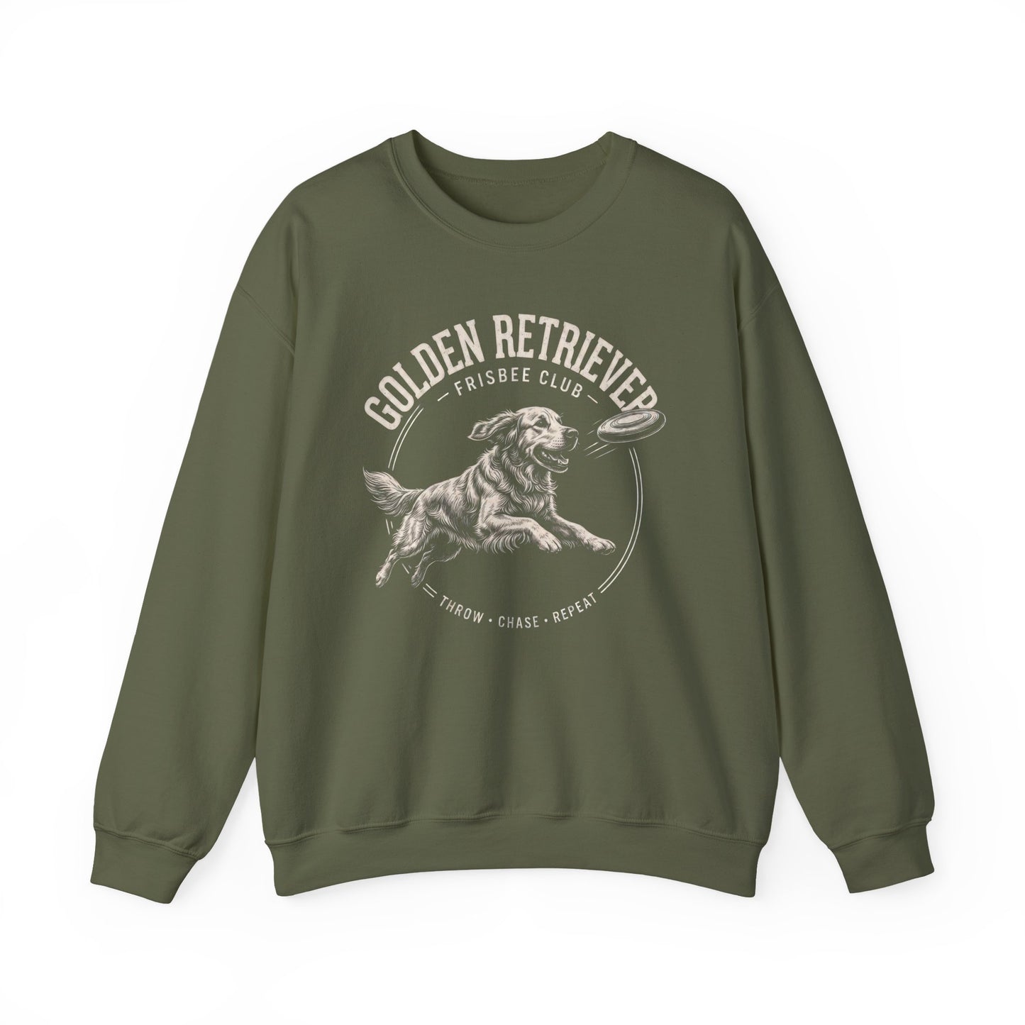 Golden Retriever Frisbee Club Crewneck Sweatshirt Military Green