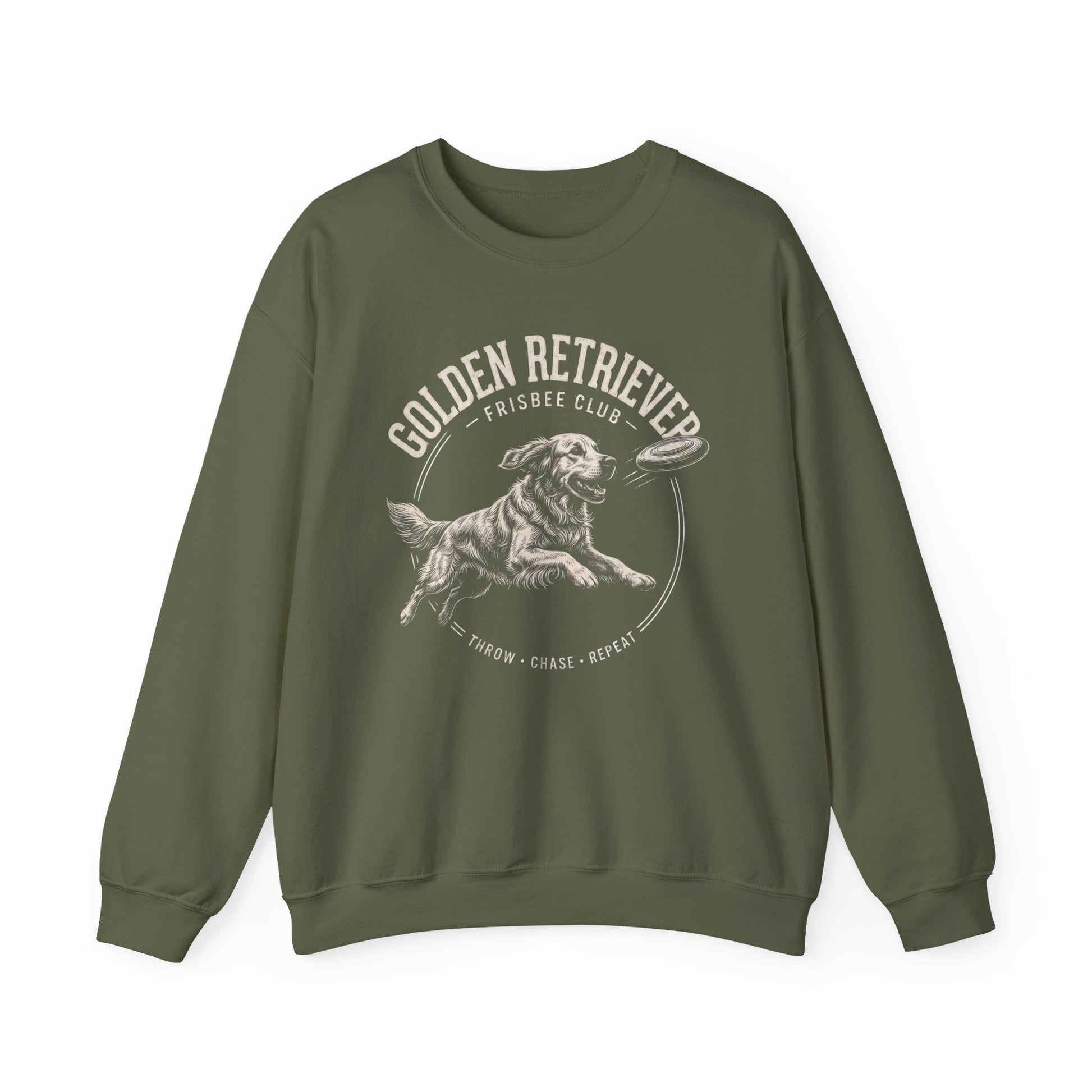 Golden Retriever Frisbee Club Crewneck Sweatshirt Military Green