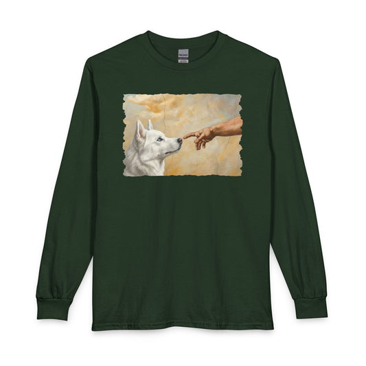 God Creates White Husky Long Sleeve Forest Green