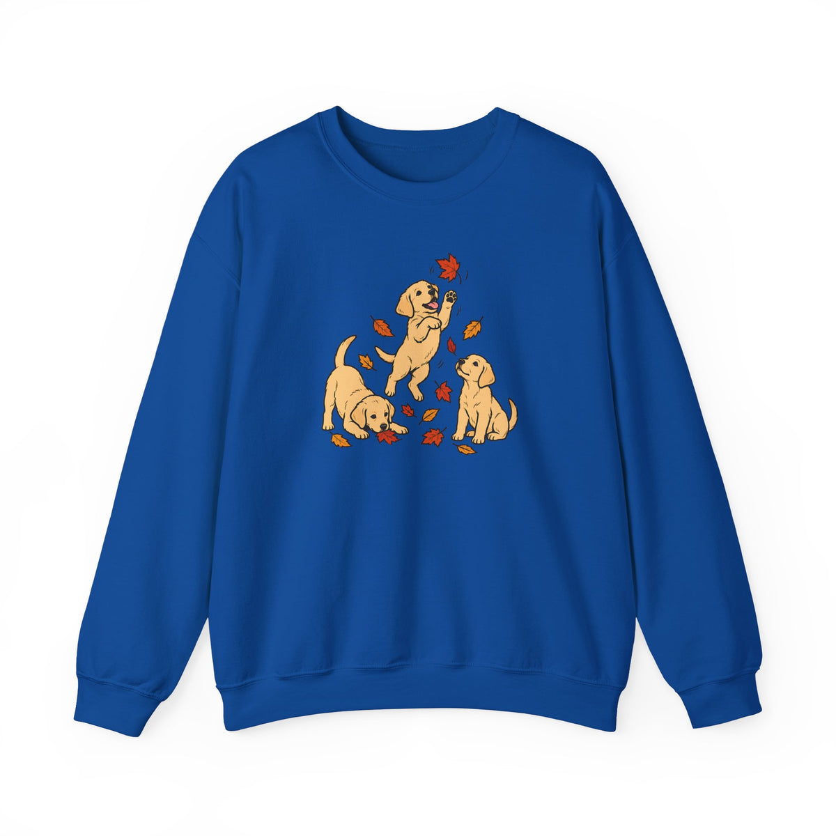 Yellow Labrador Puppies Fall Leaves Crewneck Sweatshirt - Dark Royal