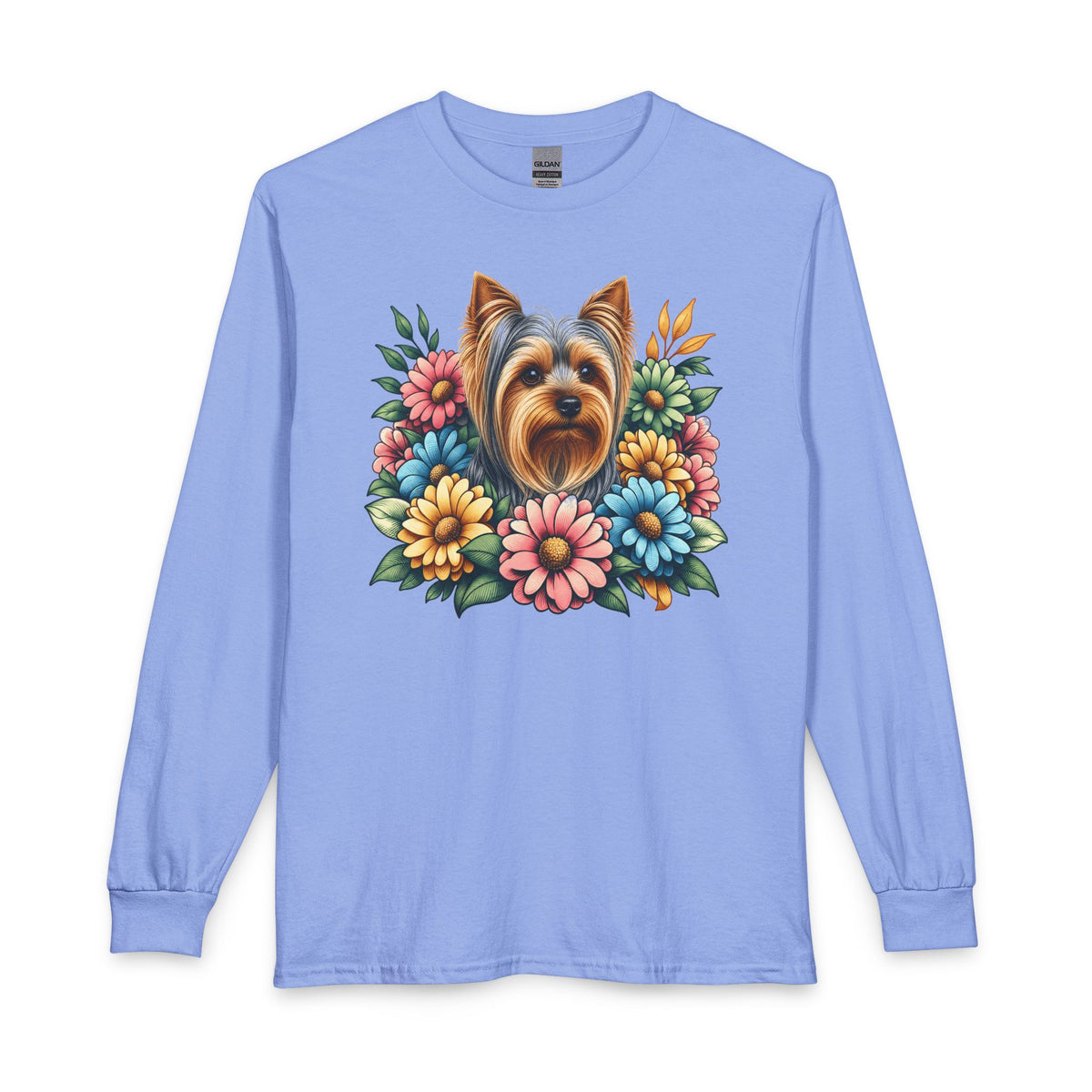 Yorkshire Terrier Flower Wreath Long Sleeve Carolina Blue