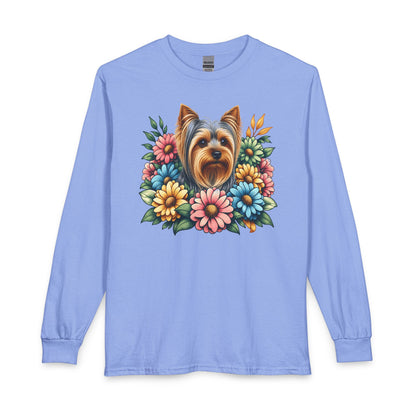 Yorkshire Terrier Flower Wreath Long Sleeve Carolina Blue