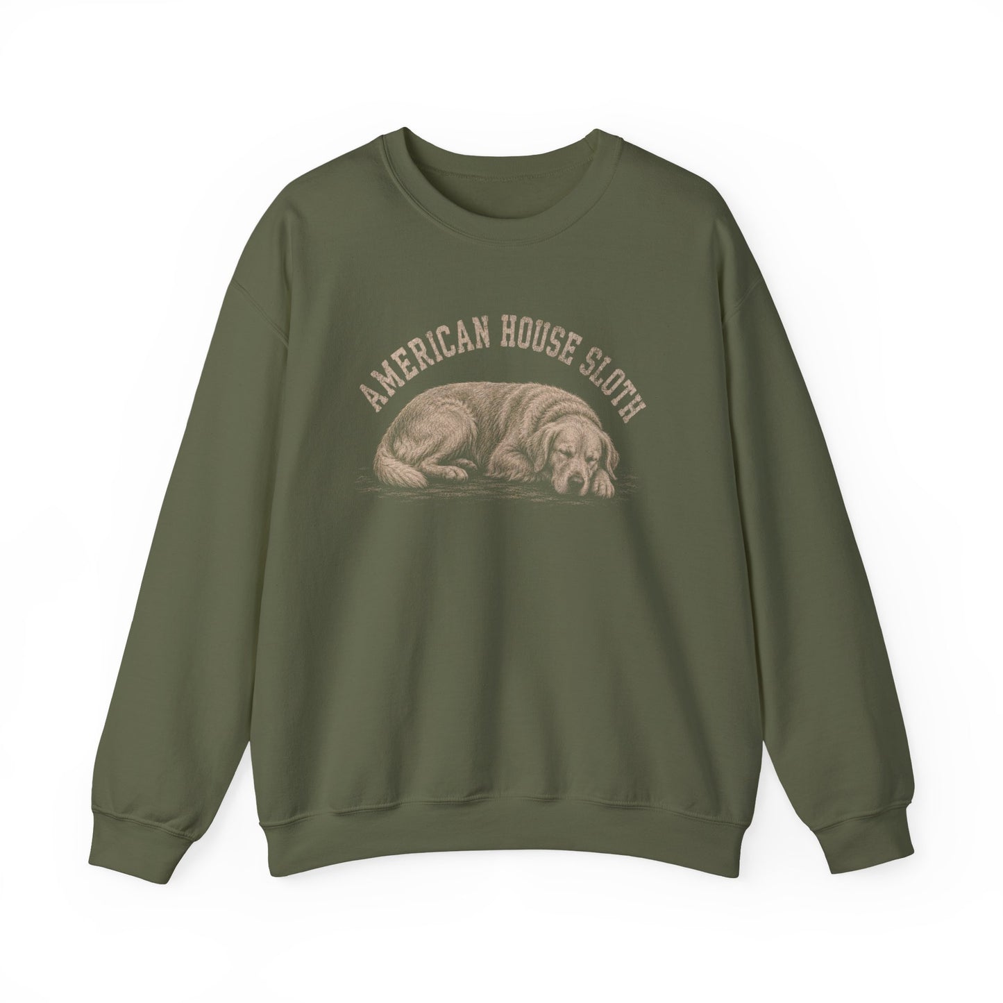 Golden Retriever Sloth Crewneck Sweatshirt Military Green