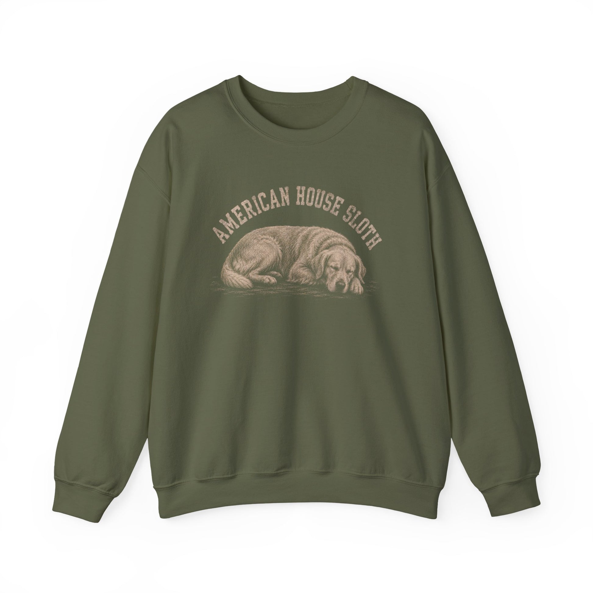 Golden Retriever Sloth Crewneck Sweatshirt Military Green