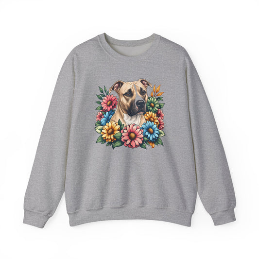 Pitbull Fawn Flower Wreath Crewneck Sweatshirt