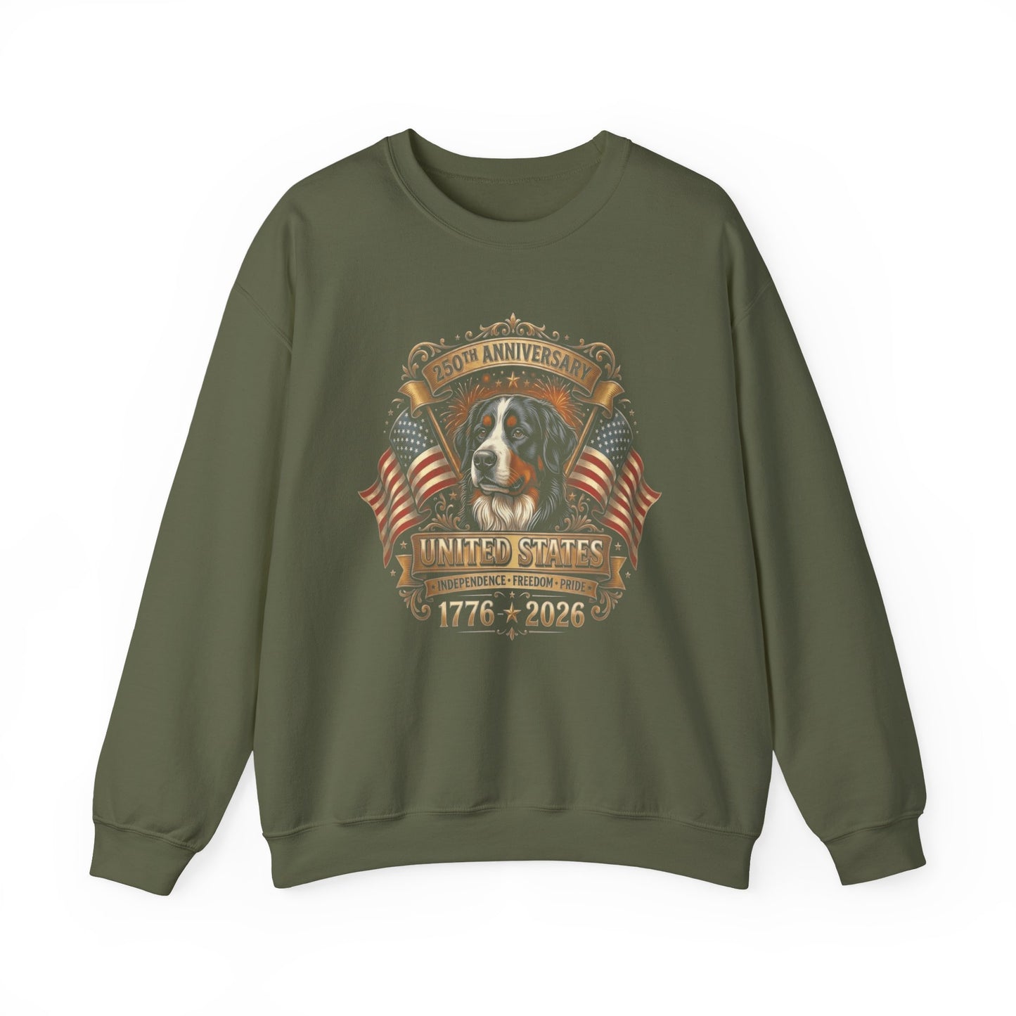 Bernese Mountain Dog 250 Years USA Crewneck Sweatshirt Military Green