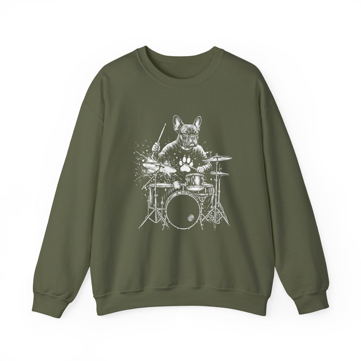French Bulldog Drummer Crewneck Sweatshirt Military Green