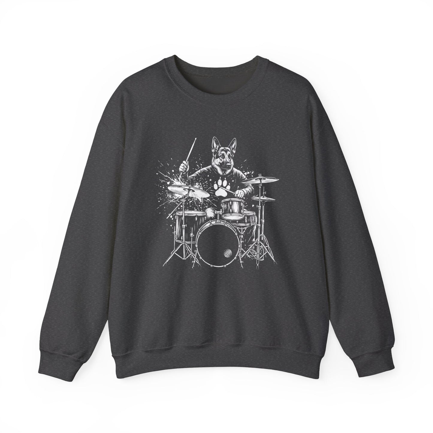 German Shepherd Drummer Crewneck Sweatshirt Dark Heather