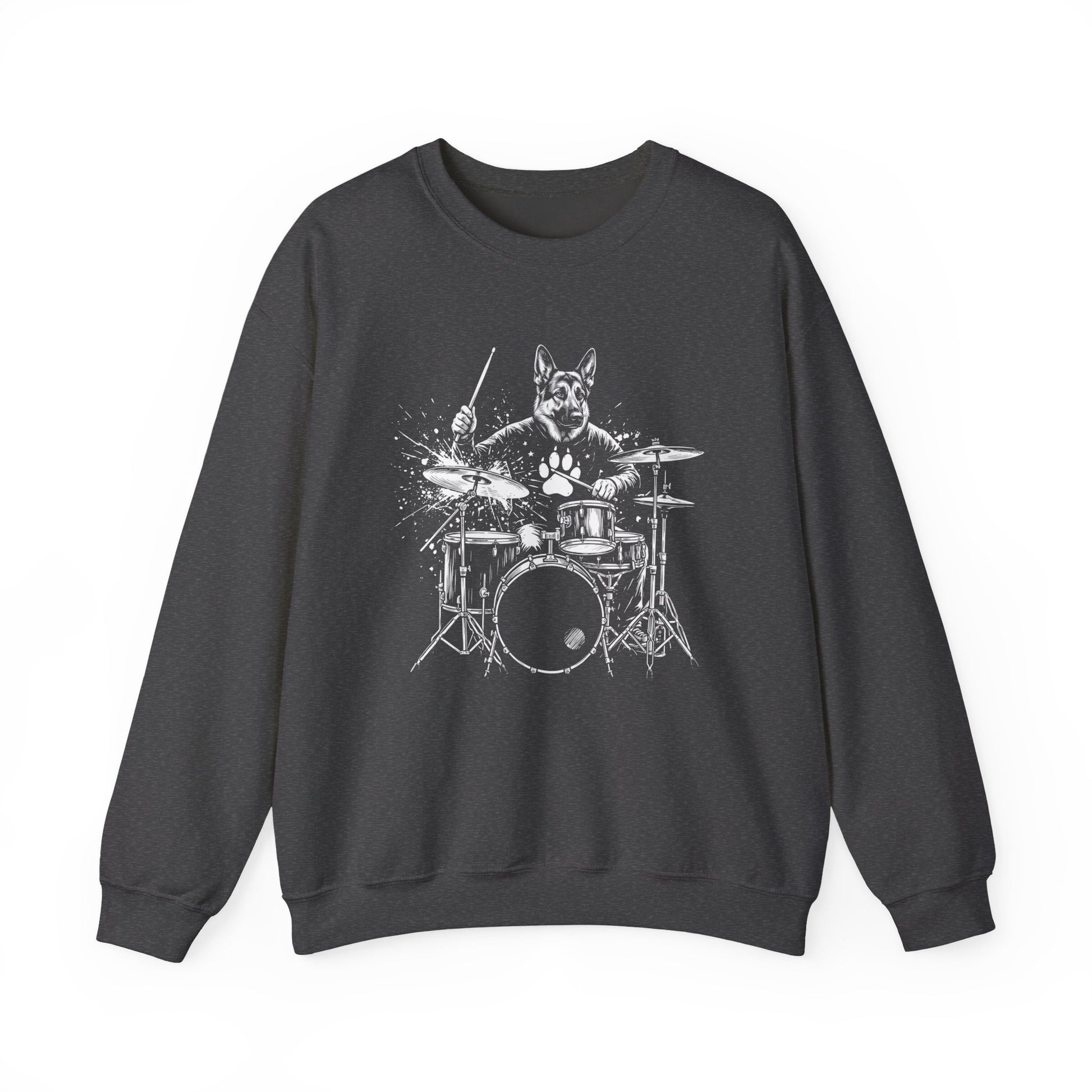 German Shepherd Drummer Crewneck Sweatshirt Dark Heather