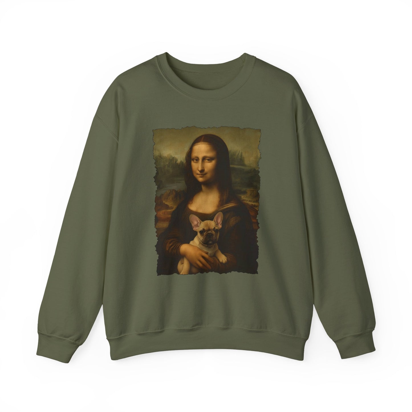 French Bulldog Mona Lisa Crewneck Sweatshirt Military Green