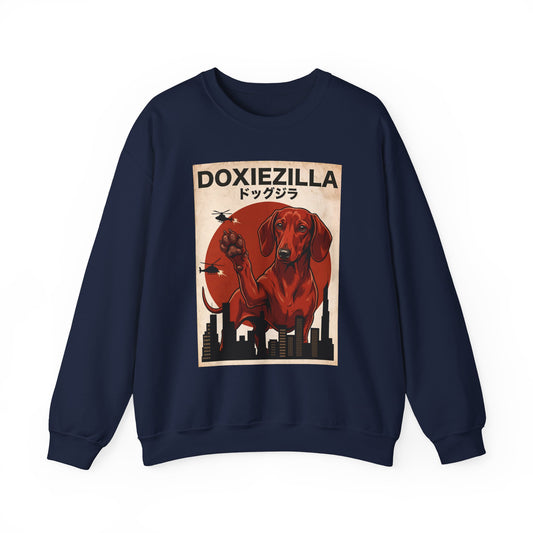 Dachshund Doxiezilla Red Crewneck Sweatshirt Navy