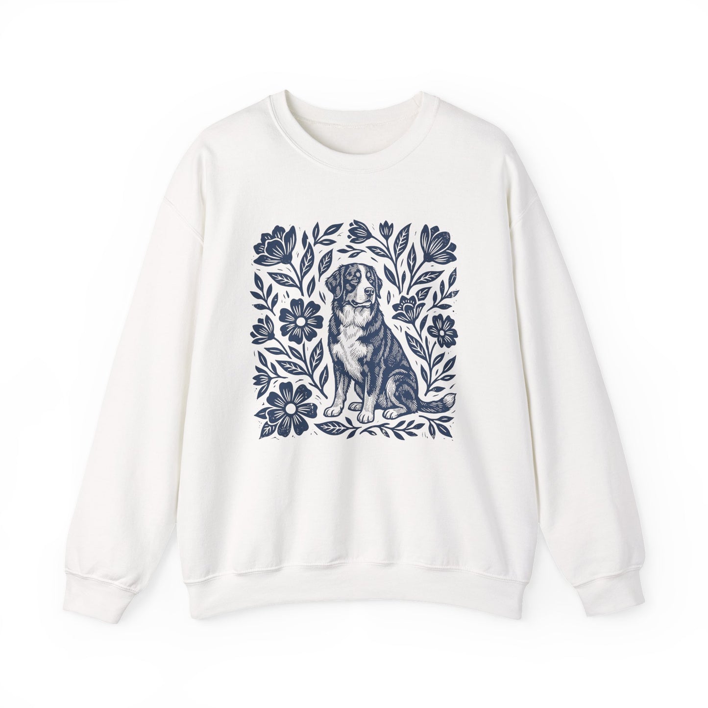 Bernese Mountain Dog Linocut Crewneck Sweatshirt White