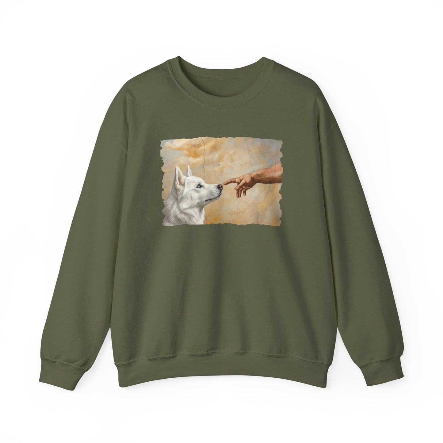 God Creates White Husky Crewneck Sweatshirt Military Green