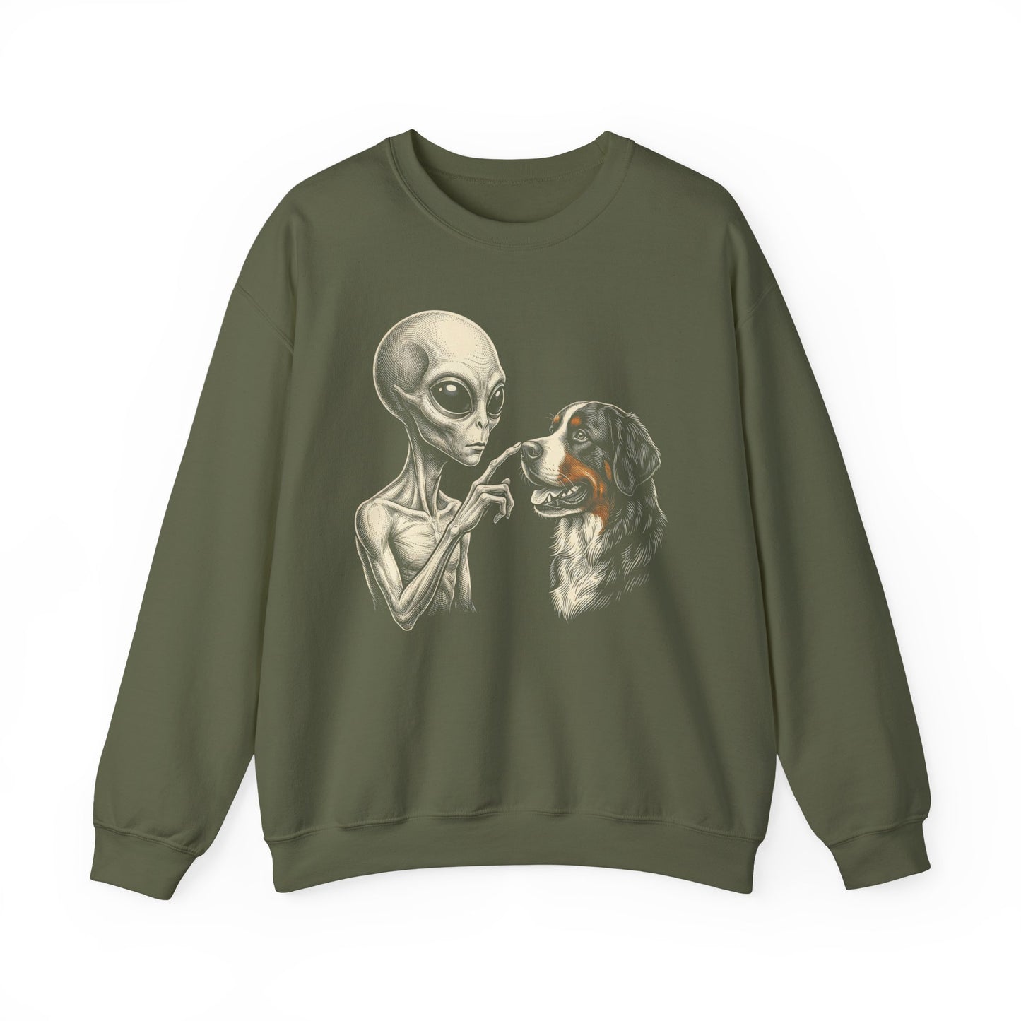 Alien & Bernese Mountain Dog Crewneck Sweatshirt Military Green