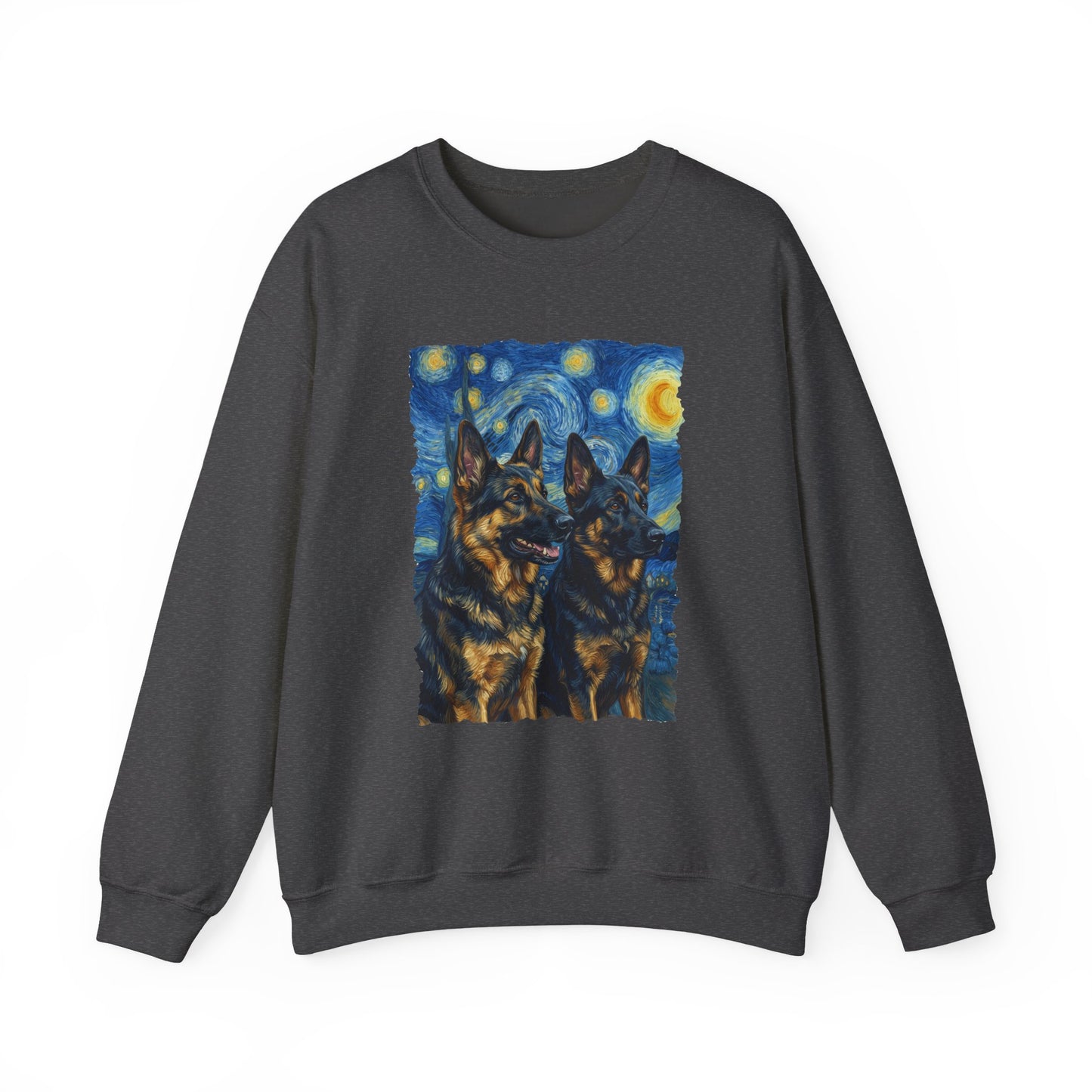 2 German Shepherds Van Gogh Crewneck Sweatshirt Dark Heather