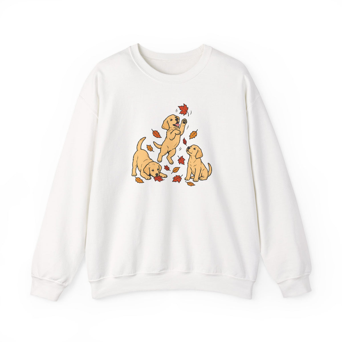 Yellow Labrador Puppies Fall Leaves Crewneck Sweatshirt White