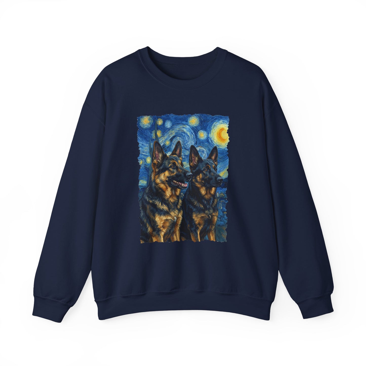 2 German Shepherds Van Gogh Crewneck Sweatshirt Navy