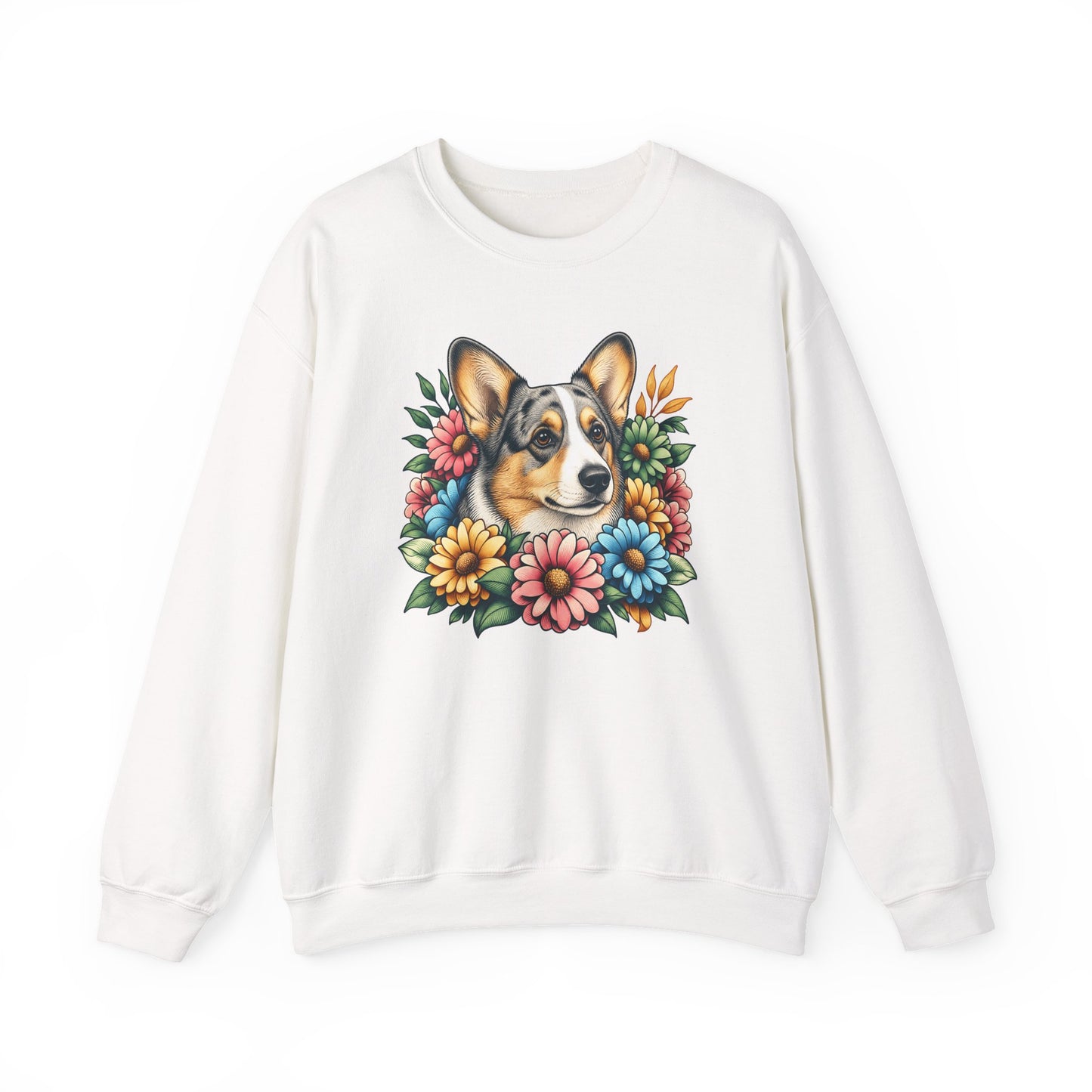Cardigan Welsh Corgi Blue Merle Flowers Crewneck Sweatshirt