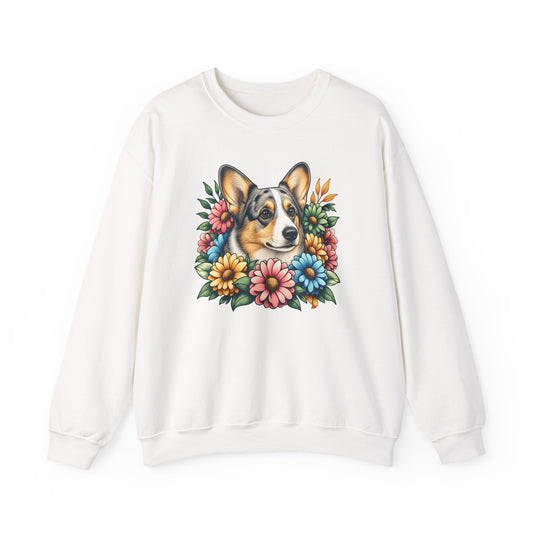 Cardigan Welsh Corgi Blue Merle Flowers Crewneck Sweatshirt