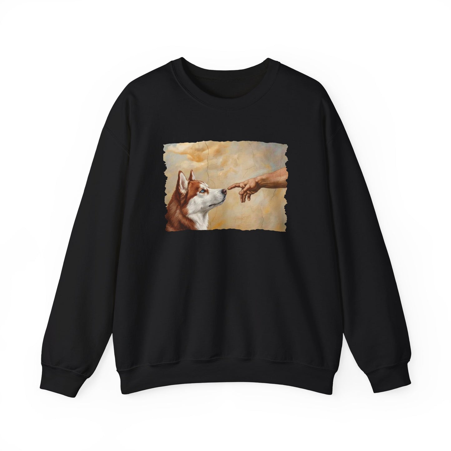 God Creates Red and White Husky Crewneck Sweatshirt Black