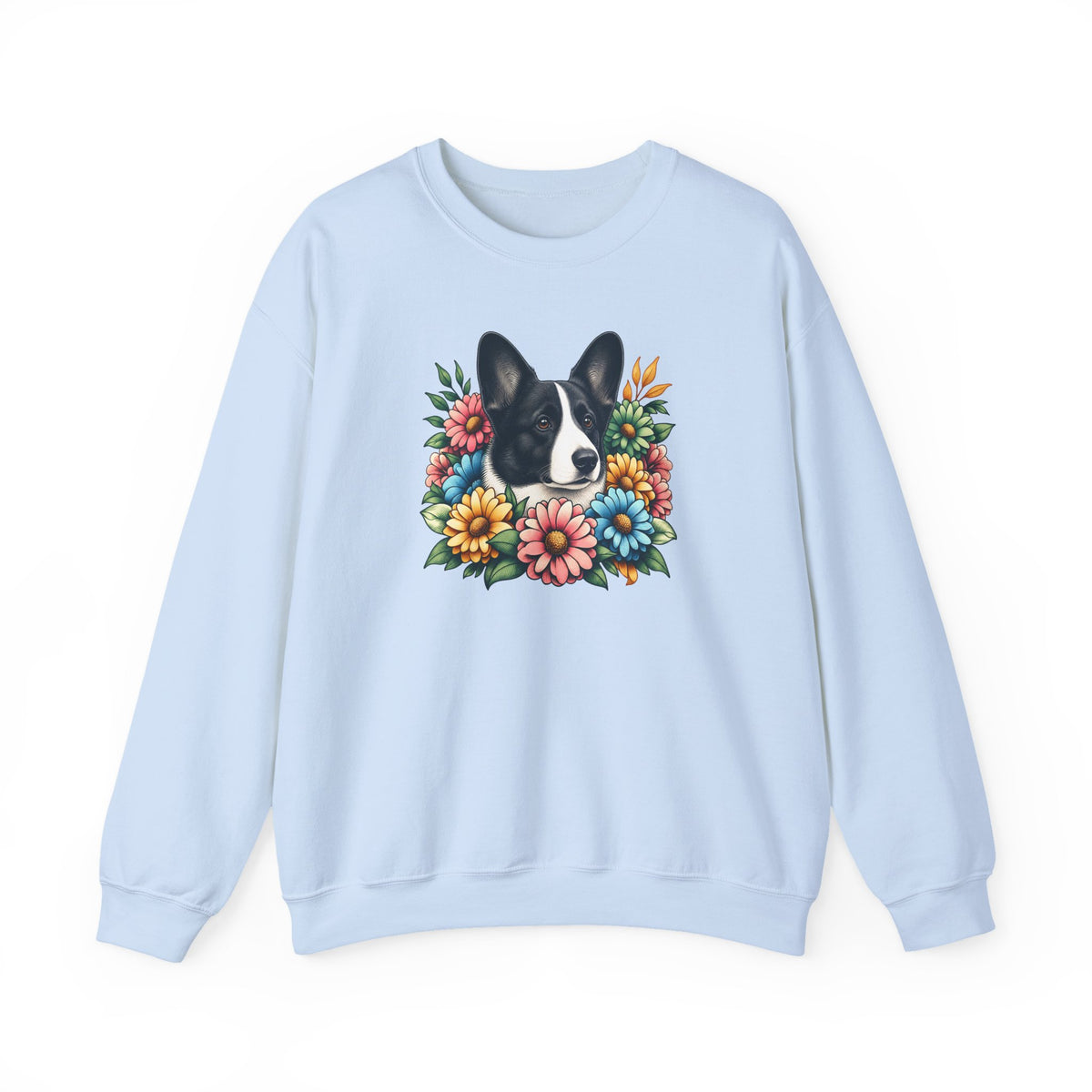 Cardigan Welsh Corgi Black And White Flower Wreath Crewneck Sweatshirt Light Blue