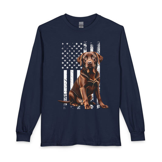 Chocolate Labrador USA Flag Long Sleeve Navy