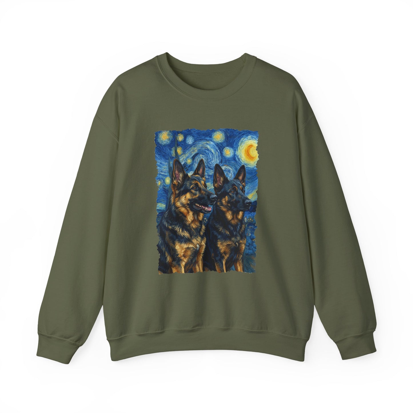 2 German Shepherds Van Gogh Crewneck Sweatshirt Military Green