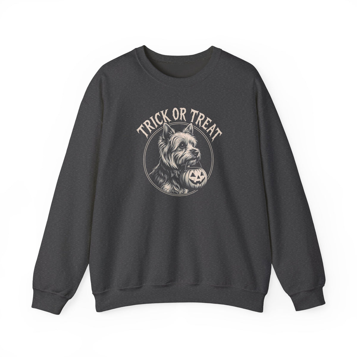 Yorkshire Terrier Trick Or Treat Crewneck Sweatshirt Dark Heather