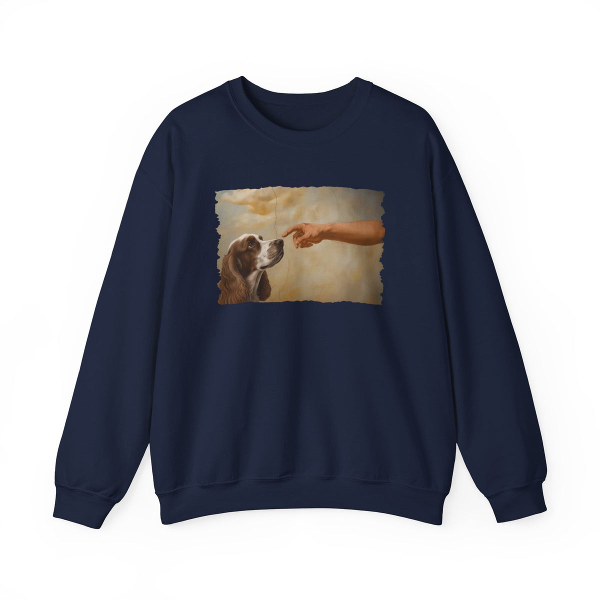 God Creates Orange White Cocker Spaniel Crewneck Sweatshirt Navy