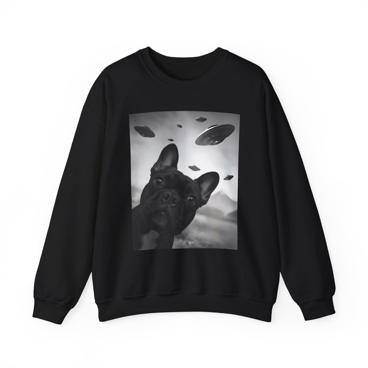 French Bulldog UFO Selfie Crewneck Sweatshirt Black