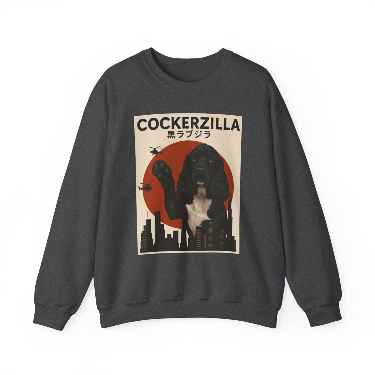Cockerzilla Black White Cocker Spaniel Crewneck Sweatshirt