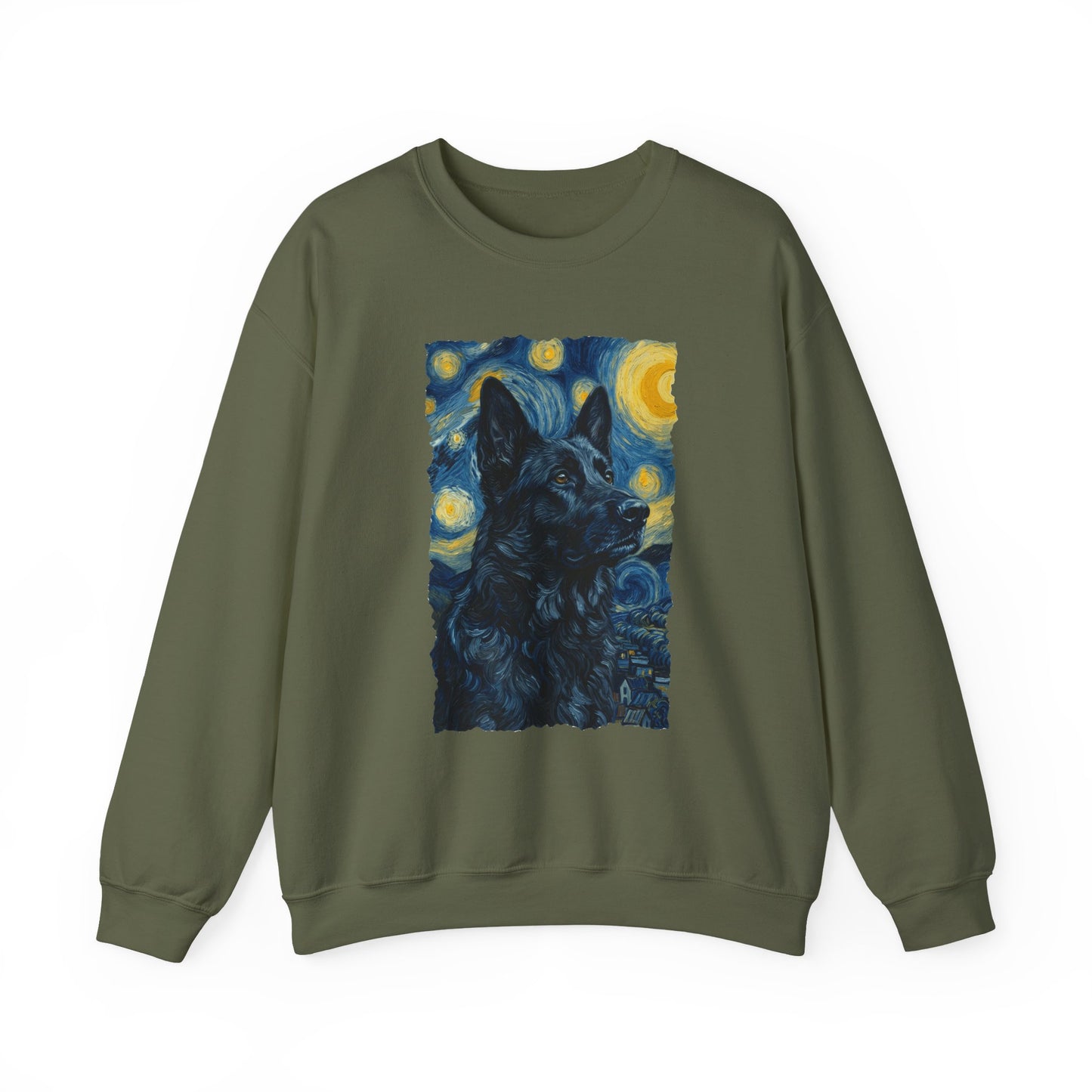 Black German Shepherd Van Gogh Crewneck Sweatshirt Military Green