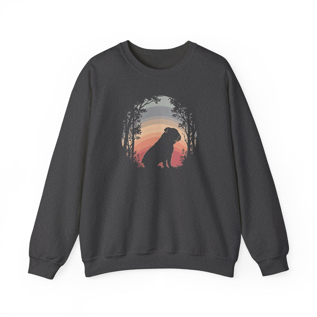 English Bulldog Forest Sunset Crewneck Sweatshirt Dark Heather