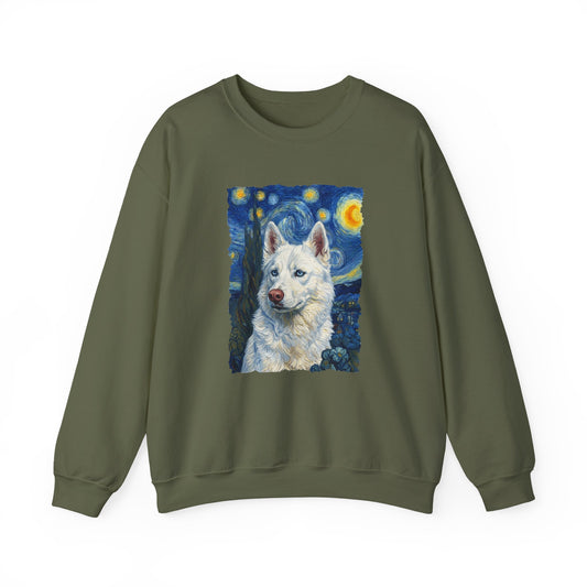 White Husky Van Gogh Crewneck Sweatshirt Military Green
